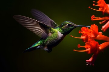Obraz premium Colorful hummingbird feeding on vibrant red flowers