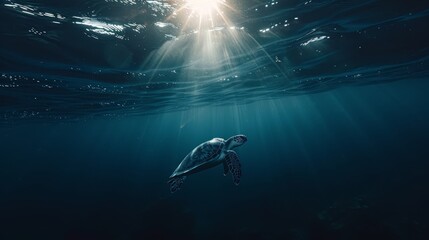   A turtle swims in the ocean, sunlight warming its back, head bobbing above water's surface