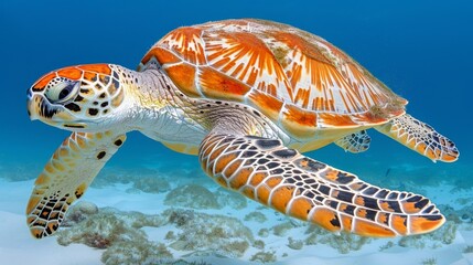   A tight shot of a sea turtle on a sandy seabed, surrounded by corals in the foreground, and bluer water in the background