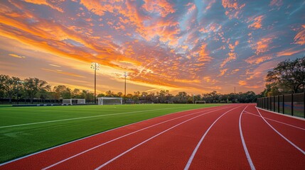 Wide angle of a multi-sport complex featuring a striking red running track and adjacent soccer field under an expansive sky.