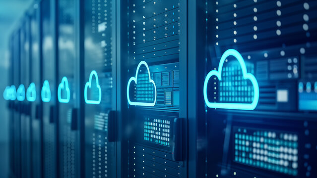 Reihe von Servern im modernen Rechenzentrum mit Cloud Symbolen, Konzept f&uuml;r Cloud Computing und Datenspeicherung