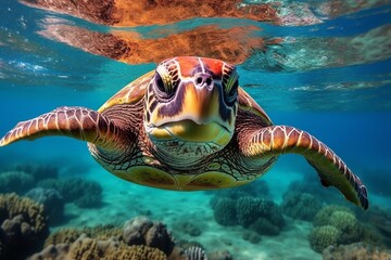 Obraz premium Vibrant underwater sea turtle swimming in tropical waters