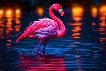 Vibrant pink flamingo standing in colorful water at sunset