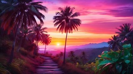 Hiking trail in a tropical forest, with an orange sunset and a vivid neon nature with purple palm trees. An active lifestyle that includes hiking through the forest and working out outside among pink 
