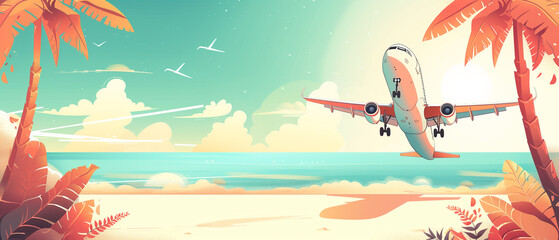Summer illustration with sun, palm trees, plane and ocean. 