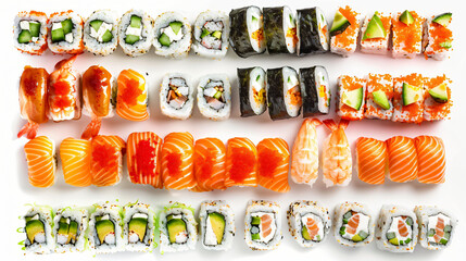 Set of many different sushi rolls isolated on white