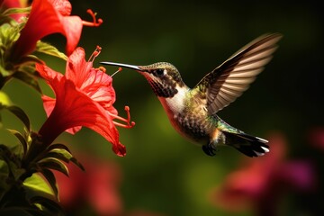 Fototapeta premium Hummingbird feeding on vibrant red hibiscus flower