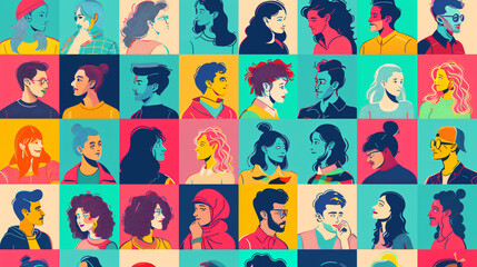 Set of many people on colorful background. Friendship
