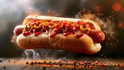 Flying hotdog sandwich with spices ready to eat perfect for food ads. Concept Food Photography, Spicy Eats, Hotdog Sandwich, Ready-to-Eat, Food Advertisement