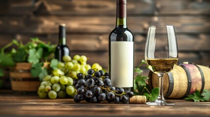 Obraz premium A bottle, a glass, and a bunch of grapes sit on a table before a wooden wall