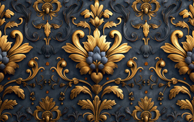 3D wallpaper stretch ceiling decoration pattern design, dark blue and gold colors. Created with Ai 