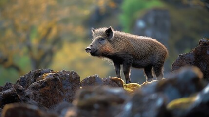 wild boar standing on rocky terrain