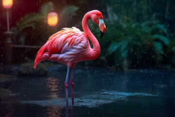 Vibrant pink flamingo standing in the rain
