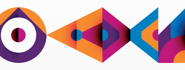 A vibrant logo featuring a white circle at the center surrounded by a mix of Triangle, Rectangle, Creative arts, Art, Tints and shades, Font, Pattern, Symmetry, Electric blue elements