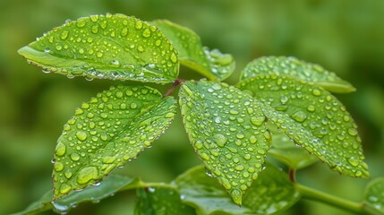   A tight shot of a verdant leaf, dotted with dewdrops, against a soft blur of surrounding green foliage