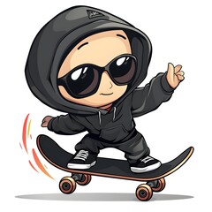 The chibi boy is wearing a large, dark hoodie that covers its head and body riding a skateboard