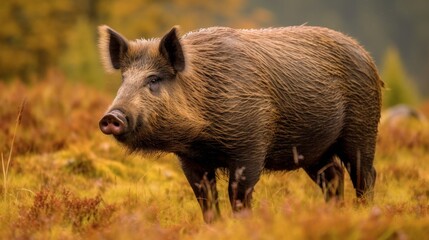 Rugged wild boar in autumn field