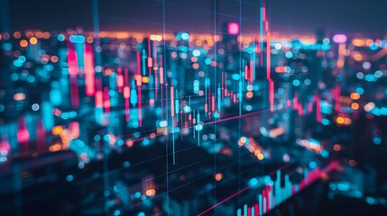 Financial growth and urban development: candlestick chart overlay with stock market indicators and metropolitan skyline - a conceptual representation of trading, investment, and economic progress