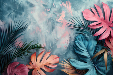 Tropical leaves background, a pink and teal color palette, empty space in the center for text or product display.