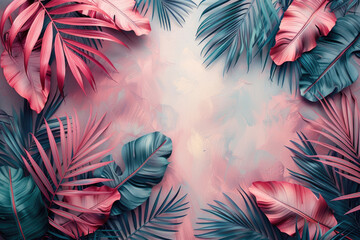 Tropical leaves background, pink and teal colors, frame design for photo backdrop. Created with Ai