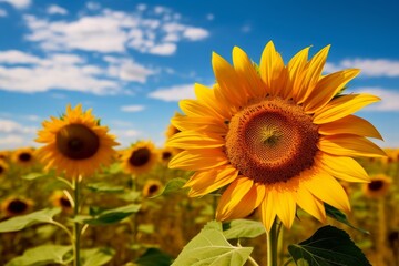 Vibrant sunflower field under a blue sky