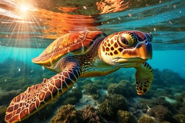 Obraz premium Vibrant sea turtle swimming underwater in tropical ocean
