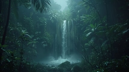 Obraz premium In the heart of the forest lies a sizable waterfall, surrounded by an abundance of verdant foliage Additionally, a smaller waterfall exists within this green haven