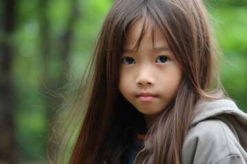 Fototapeta premium young girl with windswept hair in nature