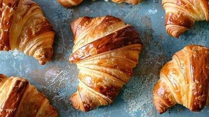 Croissants on blue counter one in the middle grouped together. Concept Food Photography, Baked Goods, Croissants, Blue Background, Grouped Presentation