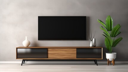 Modern Living Room Interior with Black TV Mockup on White Wall, Wooden Furniture, Grey Sofa, House Plant. Home Decoration