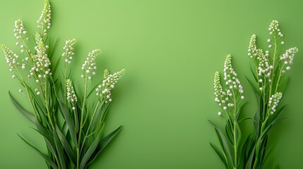 Fototapeta premium Two white flowers on a green wall, adjacent to another green wall