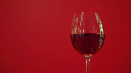   A tight shot of a red wine glass filled to the brim on a table against a deep red wall backdrop