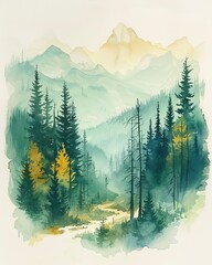 The watercolor painting shows a beautiful mountain landscape with a crystal clear river running through a lush green valley