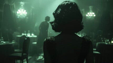   A woman's profile in a dimly lit room, facing a man