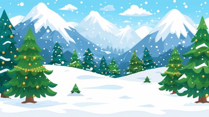   A snow-covered landscape featuring Christmas trees and a backdrop of mountain ranges, all dusted with snow