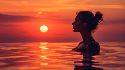   A woman stands in water as the sun sets, her hair in a single long ponytail