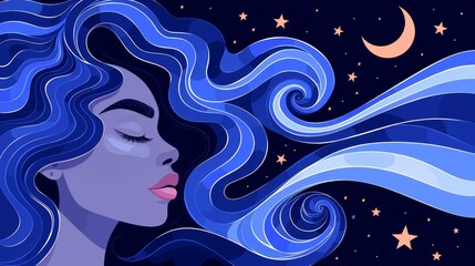   A woman with blue hair flows in the wind Stars and the moon glow behind her