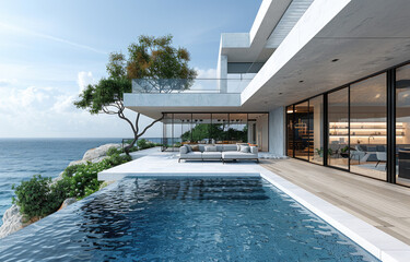 modern house with pool on the cliff, sea view, white concrete walls, large windows and doors. Created with Ai