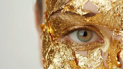   A close-up of a woman's face with gold foil covering some areas and a blue eye visible