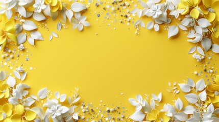   A yellow backdrop adorned with white and golden blooms, confetti scatter at base