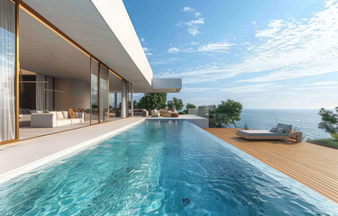  A modern house with an infinity pool on a cliff, overlooking the ocean on an island of Monaco. Created with Ai