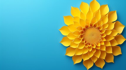   Close-up of a yellow flower against a blue backdrop, its center resembling a sunflower