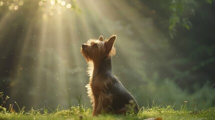   A small dog gazes up at the sun filtering through tree branches, located in the grass