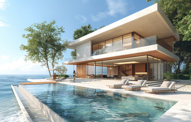  A modern luxury villa with an infinity pool overlooking the sea, featuring minimalist design and highend materials like concrete walls and large windows, surrounded by lush greenery and tropical tree