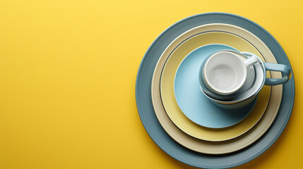 Set of stylish dinnerware on yellow background