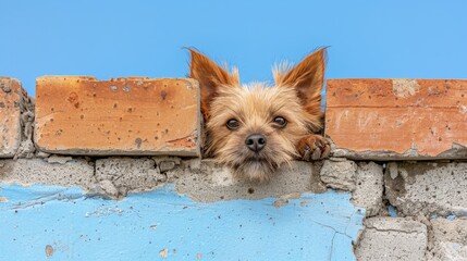   A small brown dog sticks its head out from a brick wall