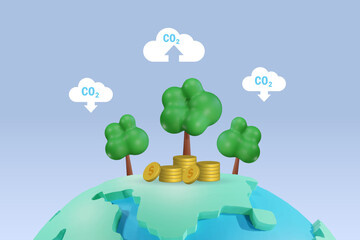 Carbon credit, reducing CO2 emission by growing tree. Big trees on world with money from carbon credit. Ecology, clean environment and green investment. 3D vector.