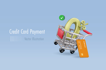 0% credit card in shopping trolley cart. Online shopping with zero percent interest fee and secure payment. Financial and banking for shopping. E commerce marketing. 3D vector.