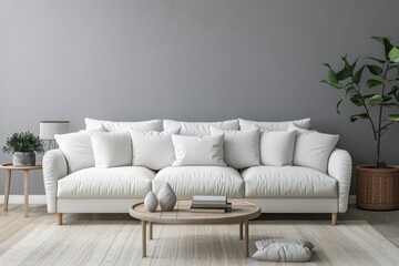 Modern Living Room Interior with White Sofa, Coffee Table, and House Plant Against a Gray Wall Background