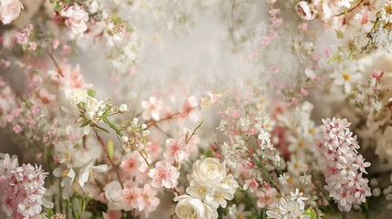 Romantic Floral Backdrop with Cherry Blossoms and Dogwoods in Pastel Hues